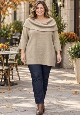 Spring + Mercer Sweater Womens 2X Taupe Cowl Neck Tunic 3/4 Sleeve Plus Size